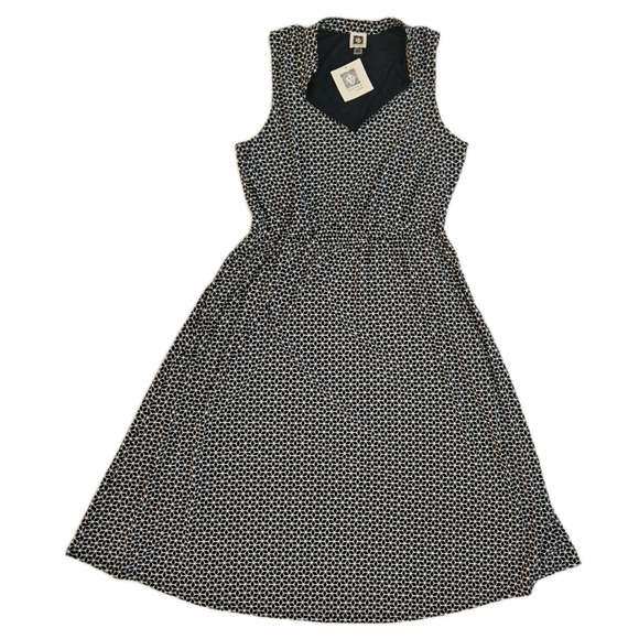Anne Klein Midi Dress Women Size 10 Black White Petal Leaf V Neck Elastic Waist - Picture 1 of 9